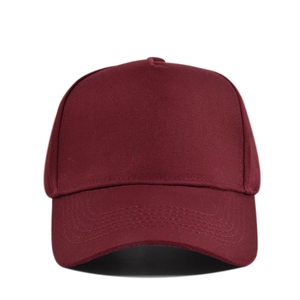 Detailed close-up of a maroon 5-panel baseball cap with curved brim and reinforced stitching