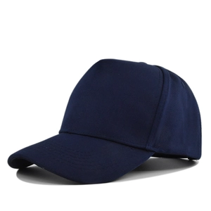 Detail view of the durable navy blue cotton fabric texture on a structured baseball cap