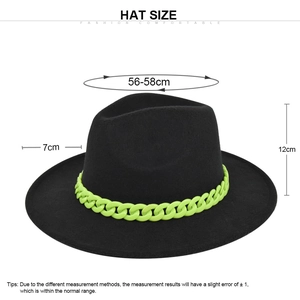Black wide brim wool fedora hat with neon green chain and size dimensions guide