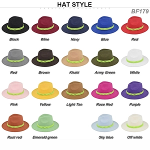 British style wide brim wool fedora hat collection with neon green chain band 19 colors