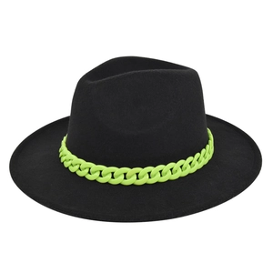 Detail of a black wide-brim wool fedora hat featuring a chunky vibrant green chain band