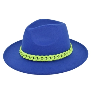 Detail view of electric blue wool fedora featuring a neon green chunky plastic chain strap