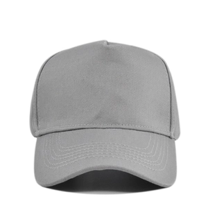 Classic light gray 5-panel baseball cap with structured crown and curved visor for sun protection