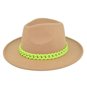 Macro detail of khaki wool felt fedora featuring a bold neon green plastic chain accent