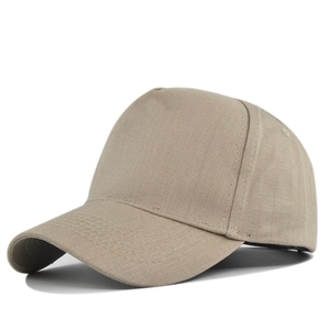 Detail view of khaki 5-panel cotton baseball cap with ventilation eyelets and curved brim