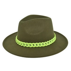 Detail of olive green wool fedora hat featuring a bold neon green plastic chain trim