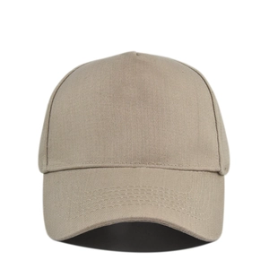 Detailed front view of khaki 5-panel cotton baseball cap with curved brim and stitching