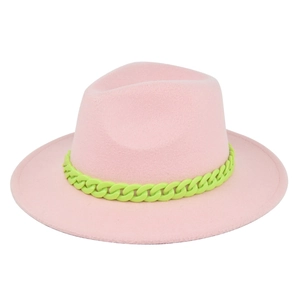 Detail of pink fedora hat featuring a wide flat brim and green chain link decoration