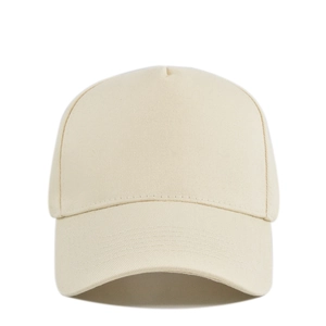 Detail of beige 5-panel cotton twill baseball cap with reinforced crown and fine stitching