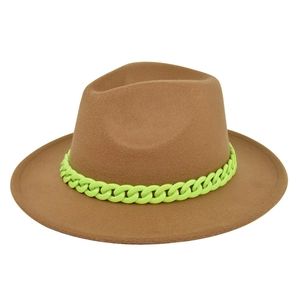Detailed view of camel wool fedora hat with a bold lime green chunky chain decoration