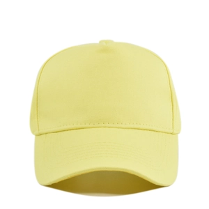 Close-up of high-quality light yellow cotton twill fabric on a classic baseball cap