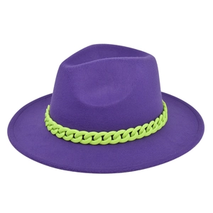 Detail view of purple wool fedora hat featuring a chunky neon green chain decoration