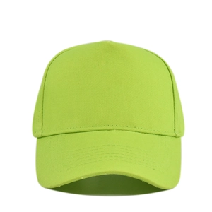 Close-up of a neon green 5-panel baseball cap with curved brim and reinforced stitching