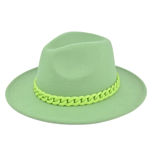British retro light green wool felt jazz hat with stylish chunky chain decoration