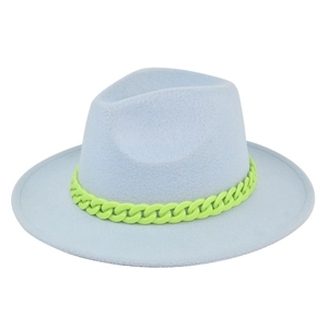 Detail of light blue wool fedora hat featuring a vibrant neon green chain accessory