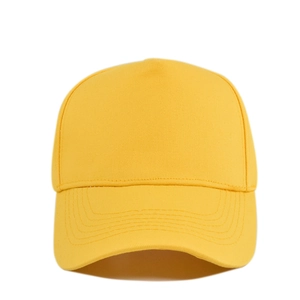Detailed view of the five-row stitching on the brim of a solid yellow cotton baseball cap