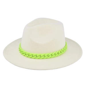 Detail of cream fedora hat with neon green chain band on smooth wool felt texture