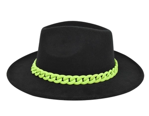Detail of a black wool fedora hat featuring a bold neon yellow chain decoration