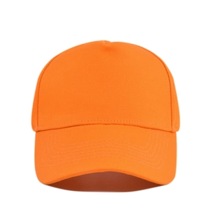 Detail view of the orange cotton twill baseball cap with reinforced stitched brim lines
