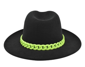 Close-up of the stylish neon green chain decoration on a black wool fedora hat