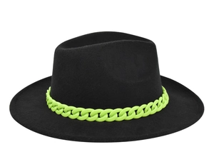 Detail shot of the neon green chain accent on a black wide brim felt fedora hat