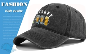 Detailed close-up of a vintage washed cotton baseball cap with whiskey beer embroidery