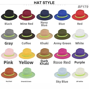 Grid display of 19 colorful wool fedora hats with neon green decorative chains