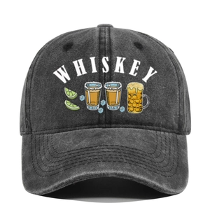 Detail of dark grey washed cotton baseball cap featuring Whiskey and beer glass prints