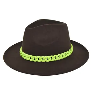 Vintage wool fedora hat with flat wide brim and fluorescent green chain decoration