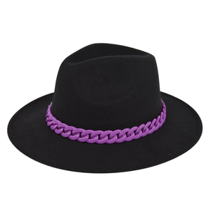 Cappello Fedora a Tesa Larga British Retro da Donna Decorazione con Catena Viola Cappello Jazz in Feltro di Lana