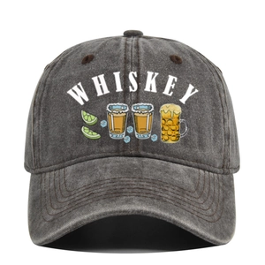 Distressed dark gray whiskey baseball cap with vintage glass illustration for men and women