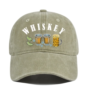 Close-up detail of vintage washed cotton fabric with WHISKEY print on baseball cap