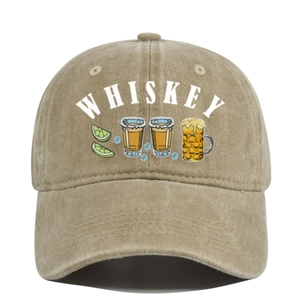 Detailed view of the washed khaki baseball cap with whiskey and beer glass graphics