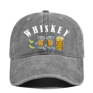 Detail of vintage washed grey cotton baseball cap with whiskey and beer graphic print