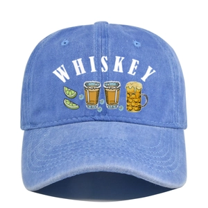 Detail view of washed blue cotton baseball cap with whiskey and beer cup graphics