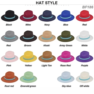 British Vintage Fedora Hat Wide Brim Woolen Felt Jazz Hat With Light Blue Chain Decoration For Women Fashion Party Hat