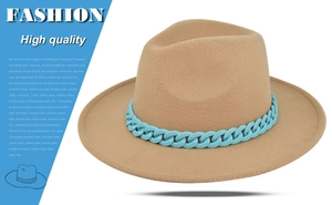 Detail view of khaki wool fedora hat featuring a striking bright blue chain decoration