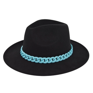 Detailed top view of black wool fedora featuring a decorative light blue plastic chain link