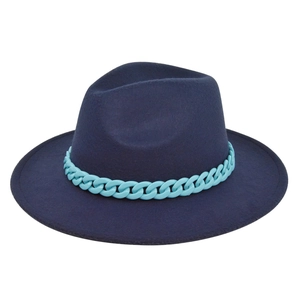 Detail of navy blue wool fedora featuring a stylish light blue chunky plastic chain accent