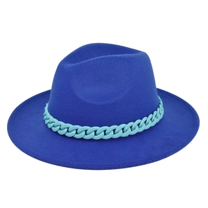 Close-up of royal blue fedora hat with wide flat brim and light blue chain detail