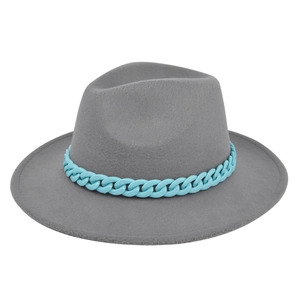 Close-up of grey wool felt fedora featuring a bold blue plastic chain decoration