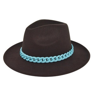 Close-up detail of dark brown fedora hat featuring a chunky light blue plastic chain decoration