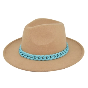 Classic camel wool fedora hat for women featuring a stylish sky blue chunky chain accent