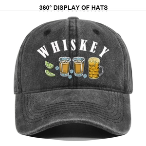 Detailed front view of washed grey baseball cap with whiskey and beer graphic print