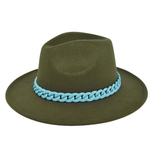 Detailed view of the dark green wool fedora crown with decorative light blue chain