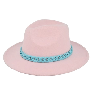 Close-up of pink wool felt jazz hat featuring a decorative light blue plastic chain strap