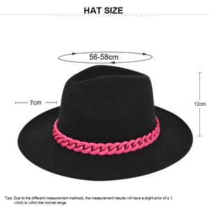 Classic black wool fedora hat with fuchsia chain trim, wide brim design for women