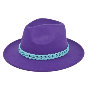 Detail of purple wool felt jazz hat with a chunky light blue chain accent on the brim