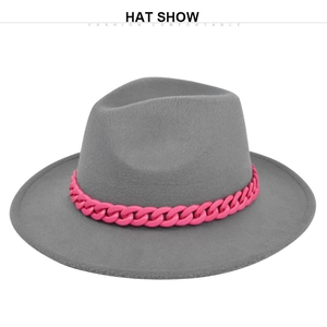 Detail of grey wool felt fedora featuring a bold pink glossy chain band decoration