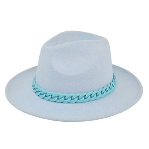 Light blue flat brim wool felt jazz hat with stylish matching chain link decoration